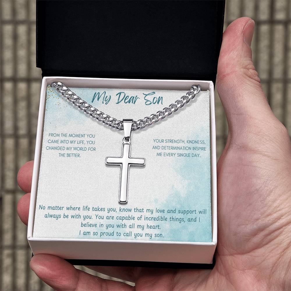 My Dear Son  - Cuban Chain with Artisan Cross Necklace