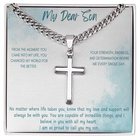 My Dear Son  - Cuban Chain with Artisan Cross Necklace