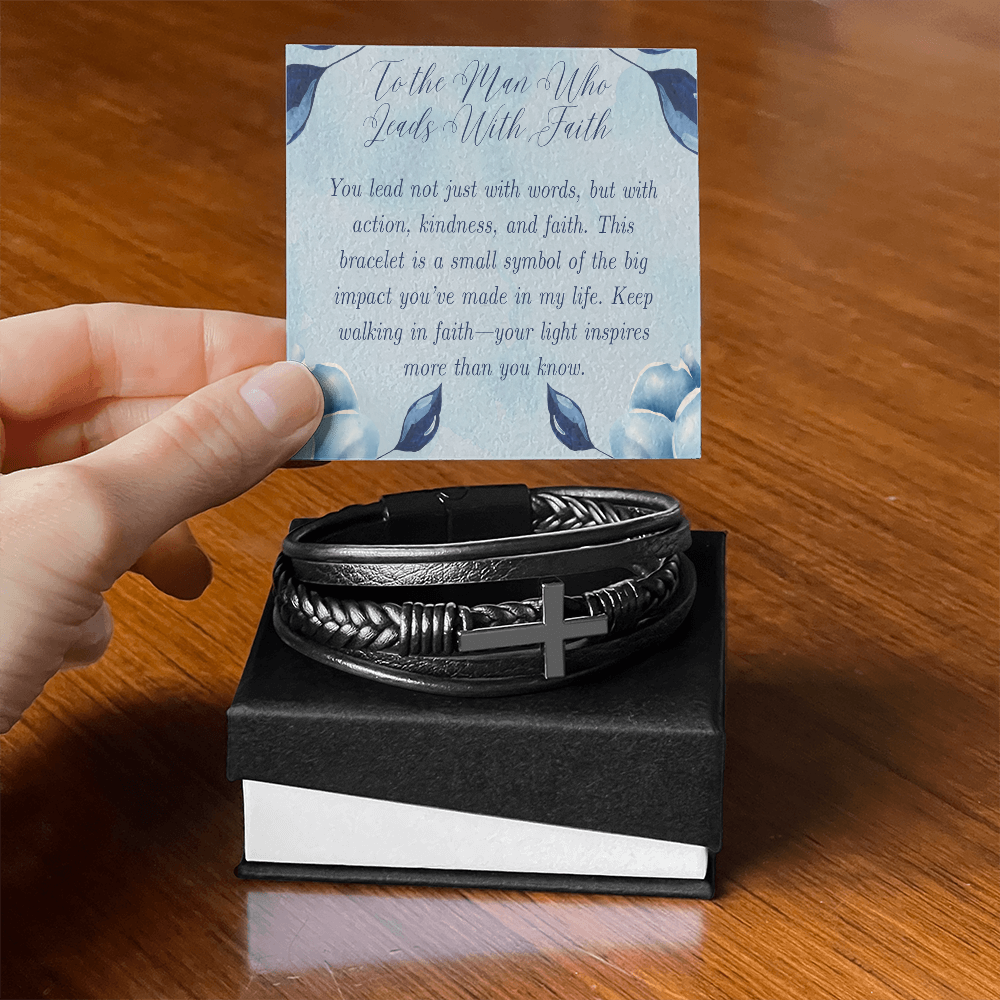 To The Man Who Leads With Faith - Men's Cross Leather Bracelet