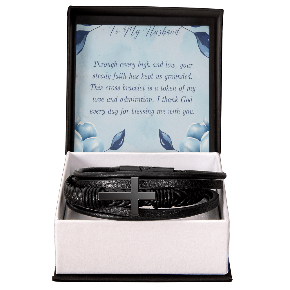 To My Husband -  Men's Cross Leather Bracelet