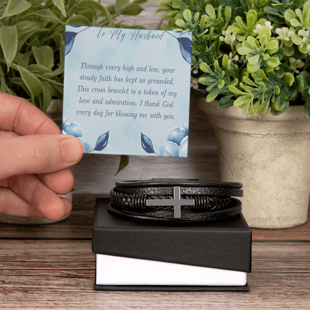 To My Husband -  Men's Cross Leather Bracelet