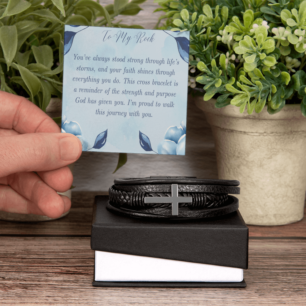 To My Rock -  Men's Cross Leather Bracelet