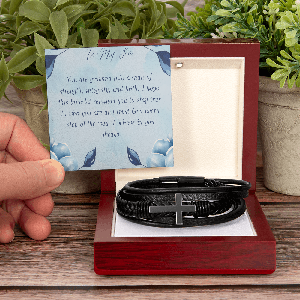 To My Son -  Men's Cross Leather Bracelet