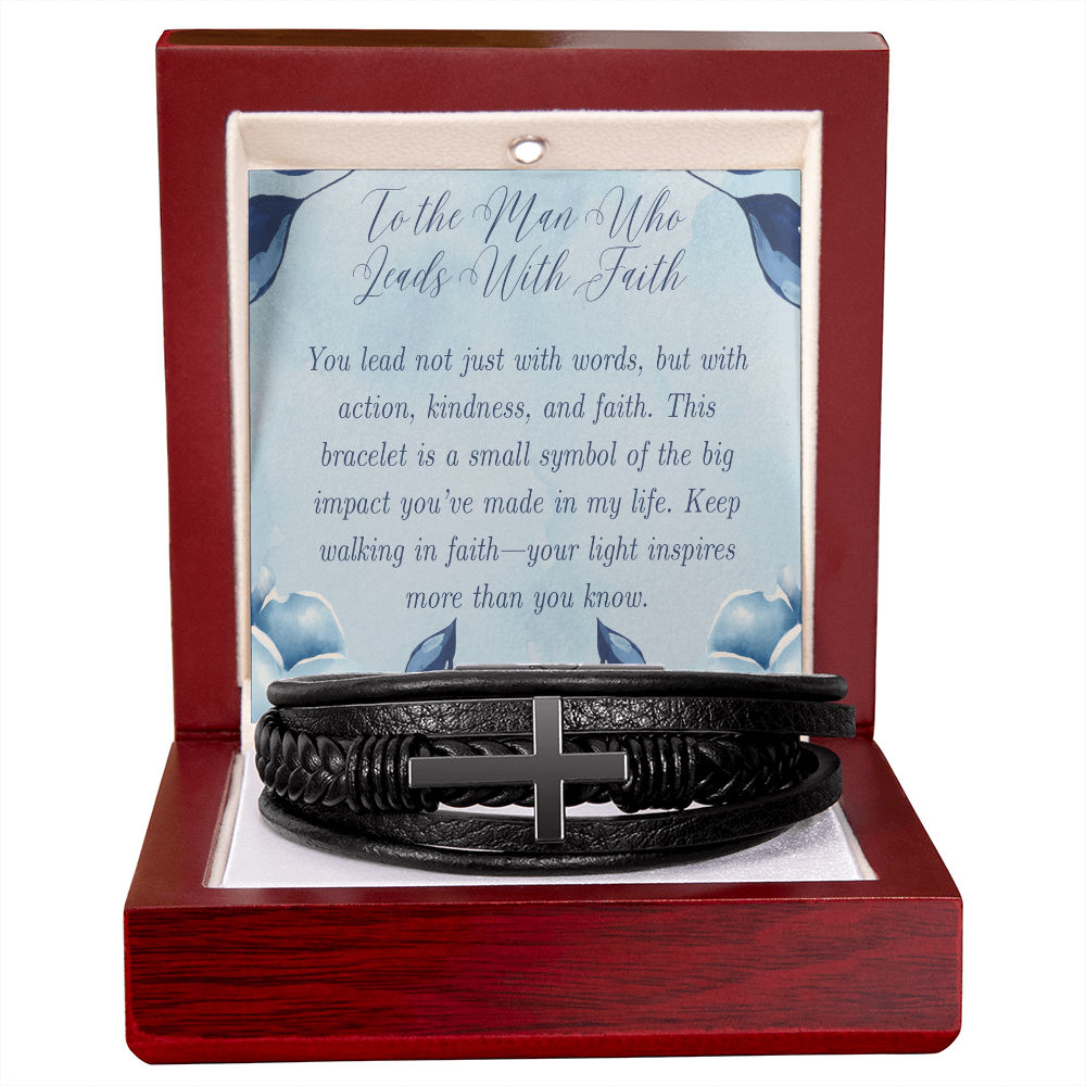 To The Man Who Leads With Faith - Men's Cross Leather Bracelet